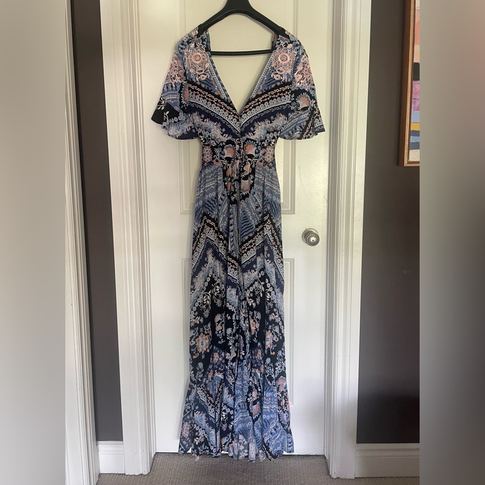 Free People Blue and White Flutter Sleeve Maxi Sundress (Medium)
